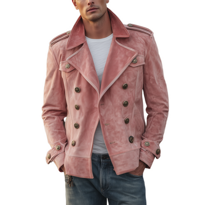 Klassiek retro herenjack in westernstijl met reverskraag, suède epauletten en dubbele rij knopen