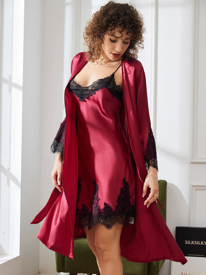 Ensemble Chemise de Nuit et Peignoir en Dentelle de Soie Pure 2Pcs