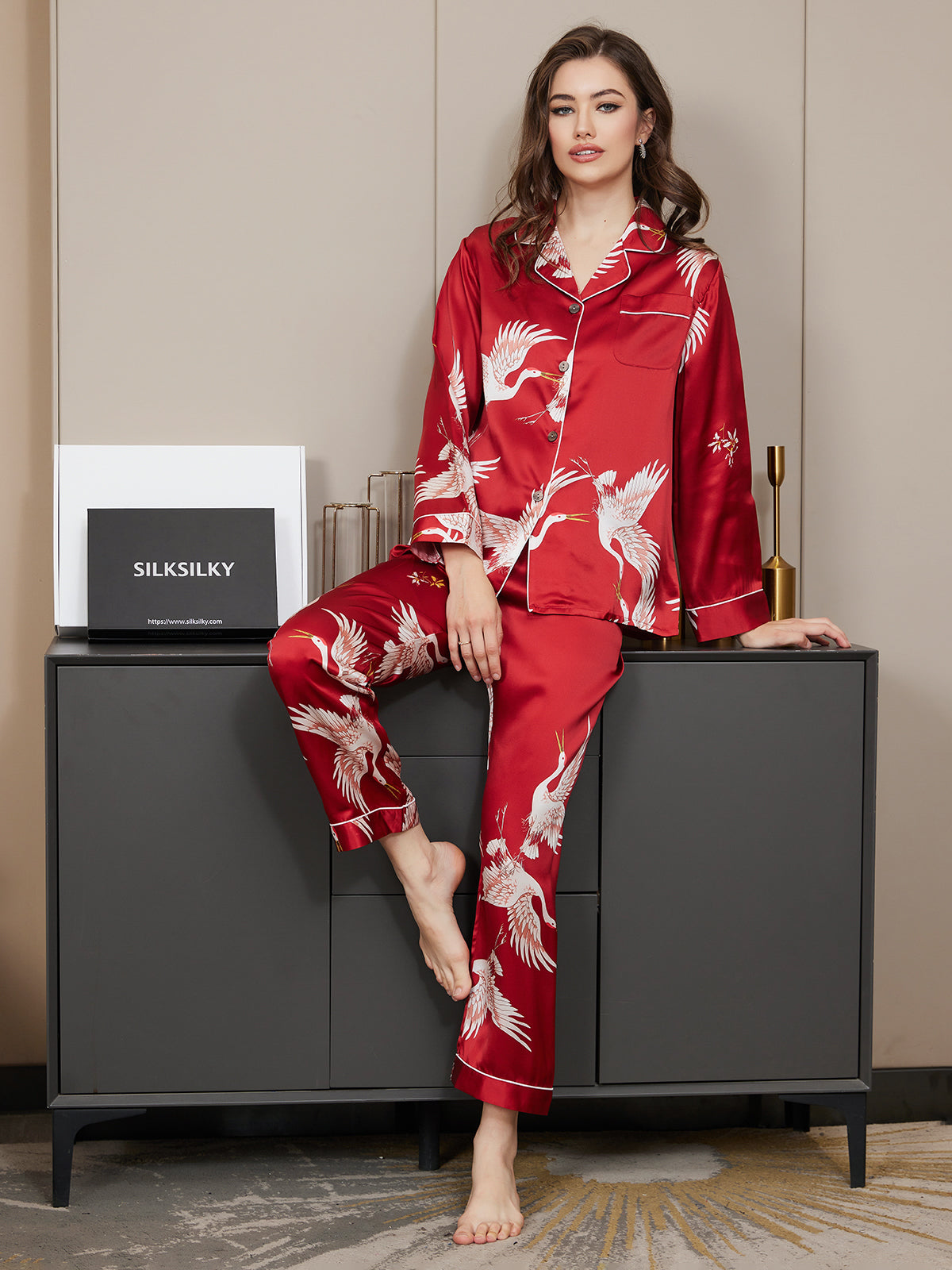 19-Momme Reine Seide – Klassischer Print mit kontrastierendem Paspel, Damen-Pyjama-Set