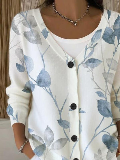 Dreamy V-Ausschnitt Langarm-Pullover mit Pflanzenmuster