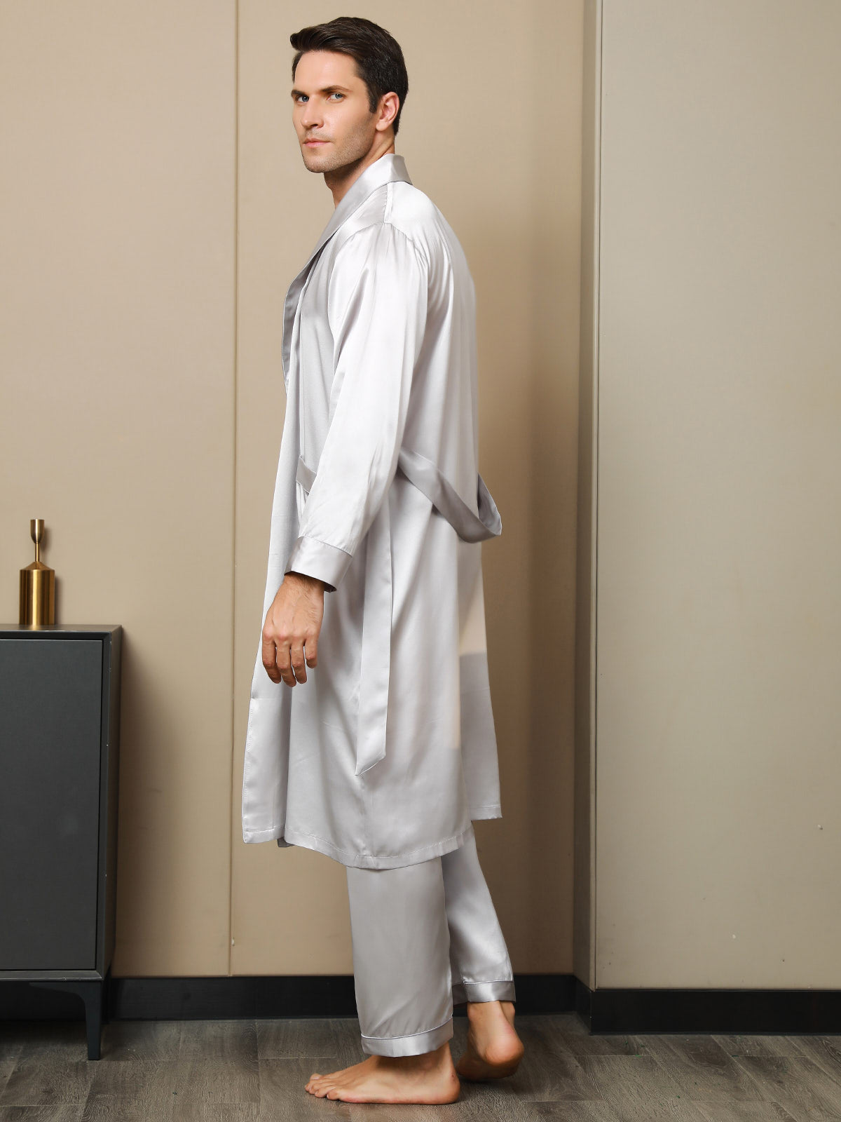 Peignoir Ceinturée à Col Revers En Pure Soie (Sans Pantalon)