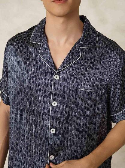 Homme Pyjamas Pure Soie Géométrique Court 2 Pièces