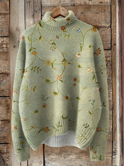 Vintage Hübscher Floral Art Print Strick-Turtleneck Pullover