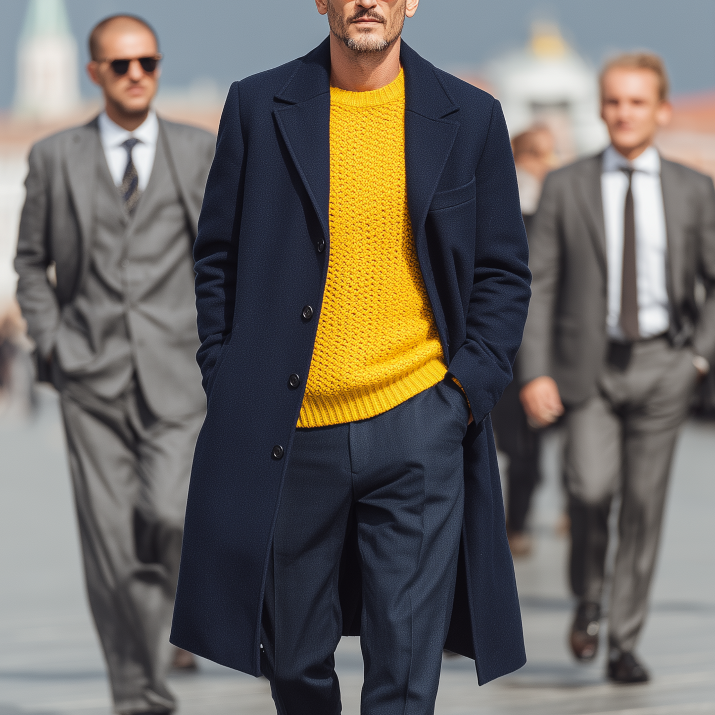 Herren Klassischer Retro Revers Navyblauer Woll Einreihiger Mantel in Knielänge