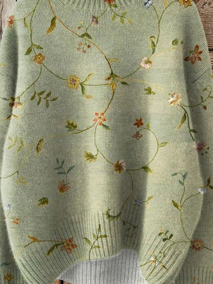 Vintage Hübscher Floral Art Print Strick-Turtleneck Pullover
