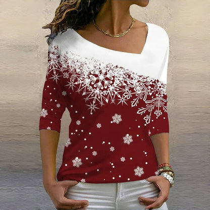 【Lange Mouwen】T-shirt Met Kleurblokken En Kerstthema
