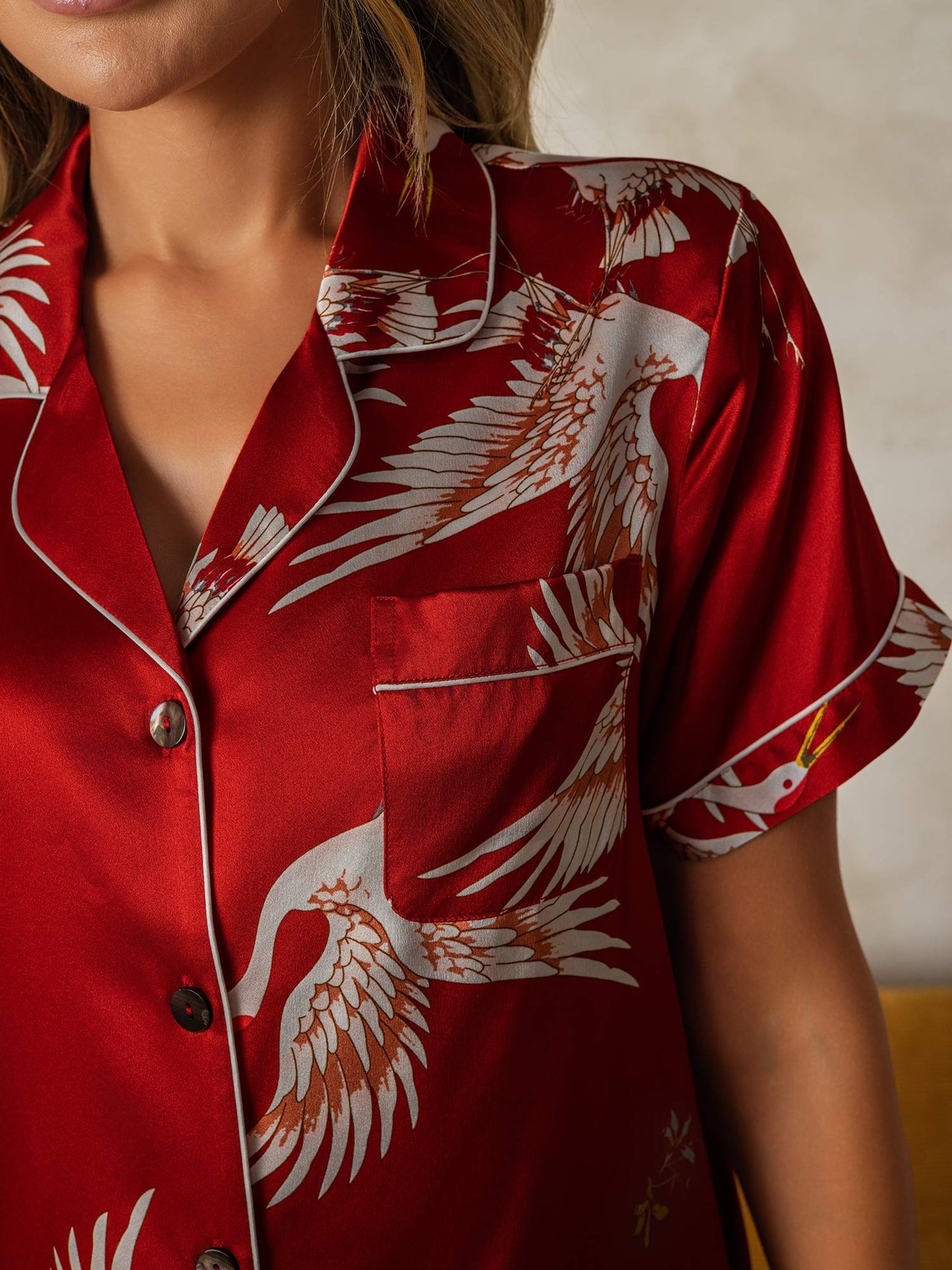 19Momme Pyjama Court à Manches Courtes en Soie 100% Murier Imprimé Grue pour Femme
