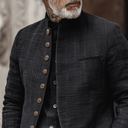Men's jacket with woven texture, check pattern, stand-up collar and single-breasted closure