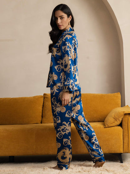 Ensemble de Pyjama à Manches Longues en Soie Pure Imprimé Dragon