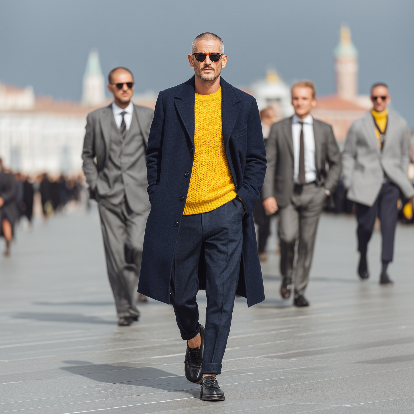 Herren Klassischer Retro Revers Navyblauer Woll Einreihiger Mantel in Knielänge