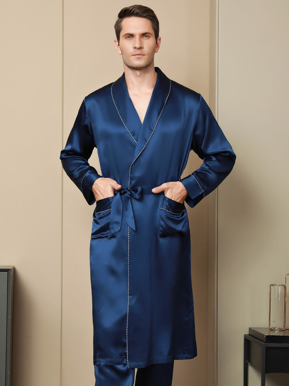 Peignoir Ceinturée Contrastante En Pure Soie (Sans Pantalon)