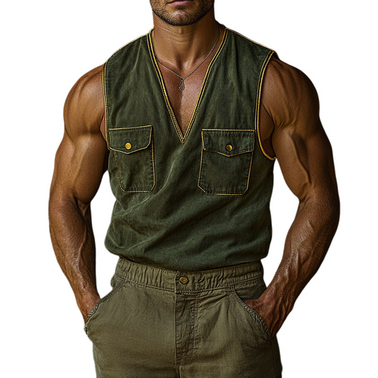 Men's Vintage Washed V-Neck Sleeveless Workwear Multi-Pocket Tank Tops MTA1266F4X