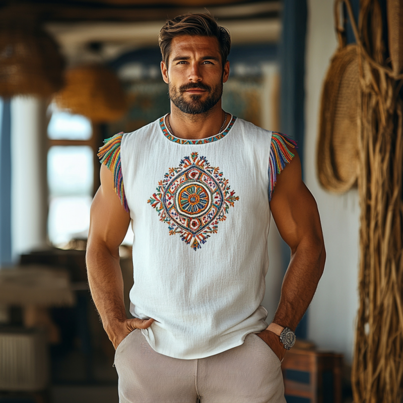 Mannen Boheemse Geborduurde Kwast Katoen Linnen Ronde Hals Slim Fit Tanktop MTA2915E4M
