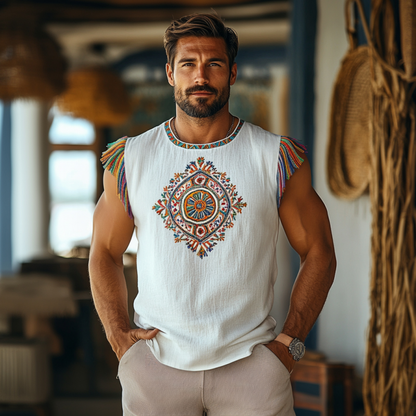Mannen Boheemse Geborduurde Kwast Katoen Linnen Ronde Hals Slim Fit Tanktop MTA2915E4M