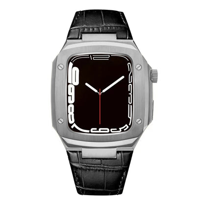 Luxuriöses Metallgehäuse mit Lederarmband für Apple Watch Serie 40/41/44/45 mm