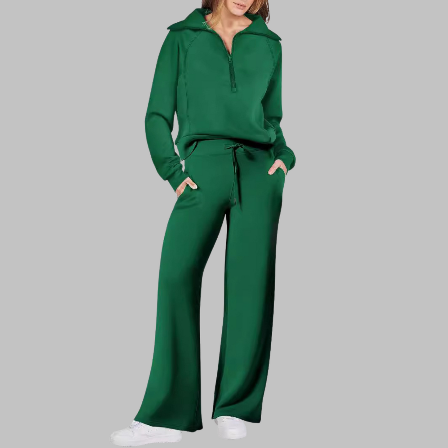 Fleur - Comfortabele halve ritssluiting sweatshirt en wijde broek set