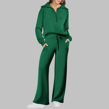 Fleur - Comfortabele halve ritssluiting sweatshirt en wijde broek set