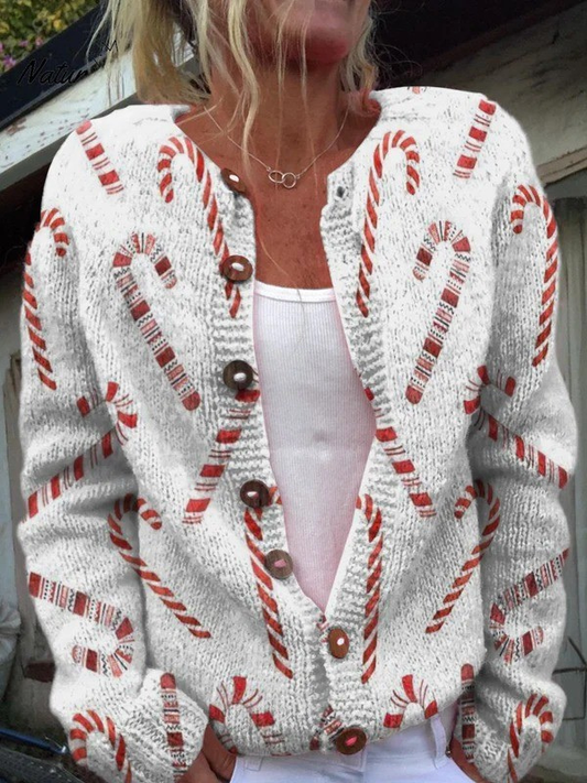 Cardigan met feestelijk zuurstokdecoratiepatroon en knoopsluiting