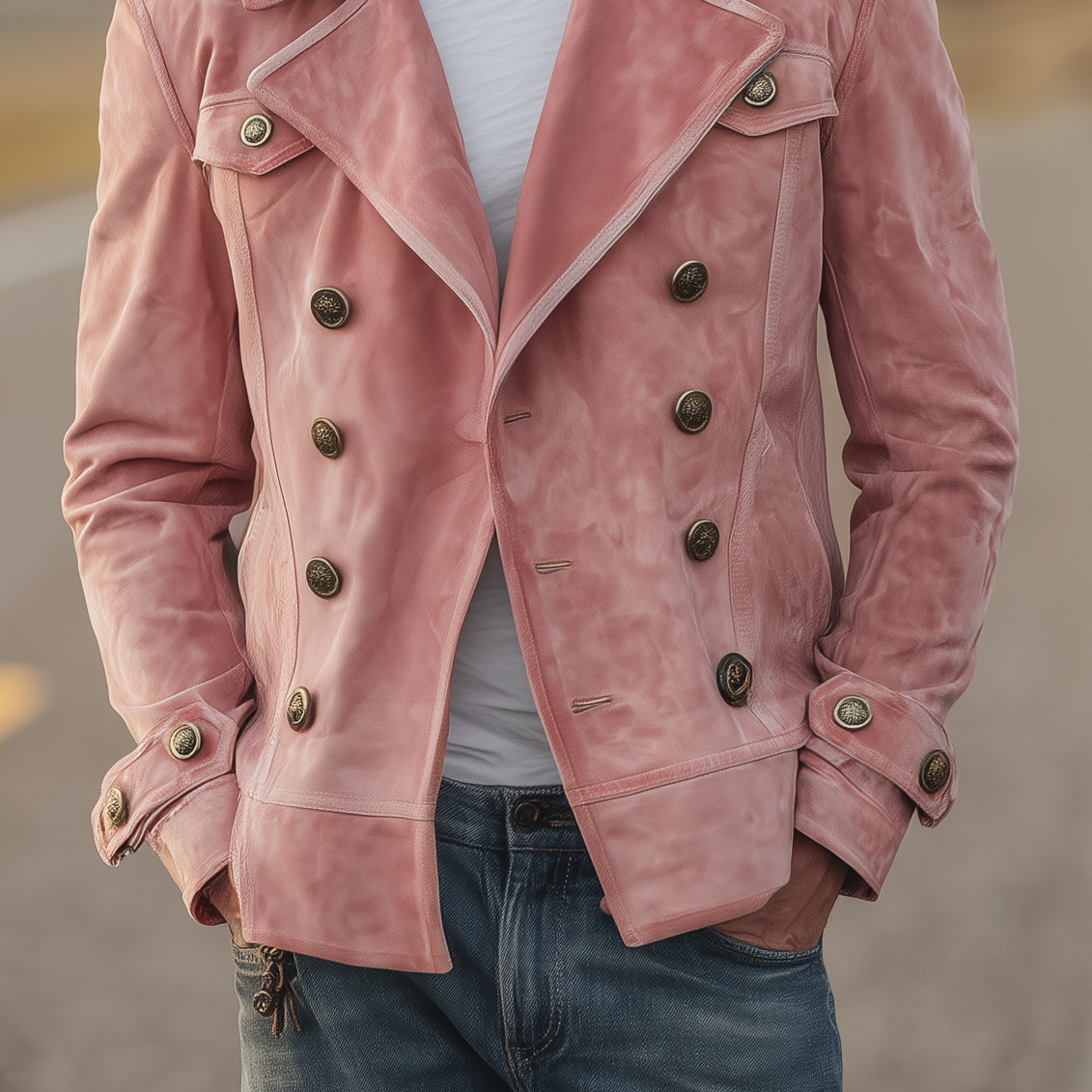 Klassiek retro herenjack in westernstijl met reverskraag, suède epauletten en dubbele rij knopen