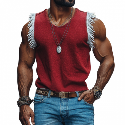 Heren Casual Ademende Katoenen Ronde Hals Contrastkleur Kwastje Losse Tanktop MTA21114E8M