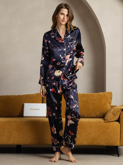 2-teiliges Damen-Pyjama-Set aus reiner Seide mit Paspelierung