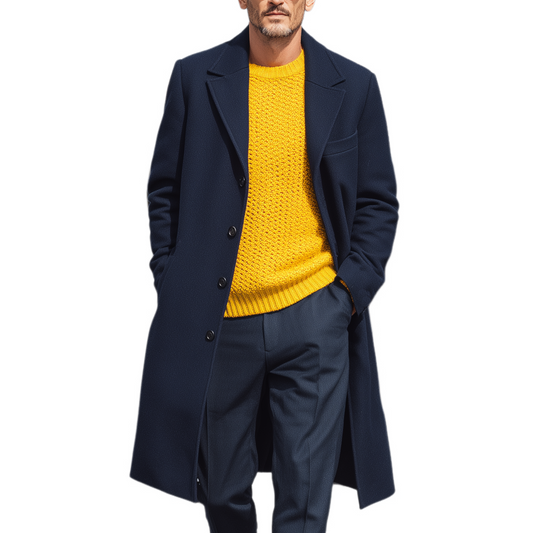 Herren Klassischer Retro Revers Navyblauer Woll Einreihiger Mantel in Knielänge