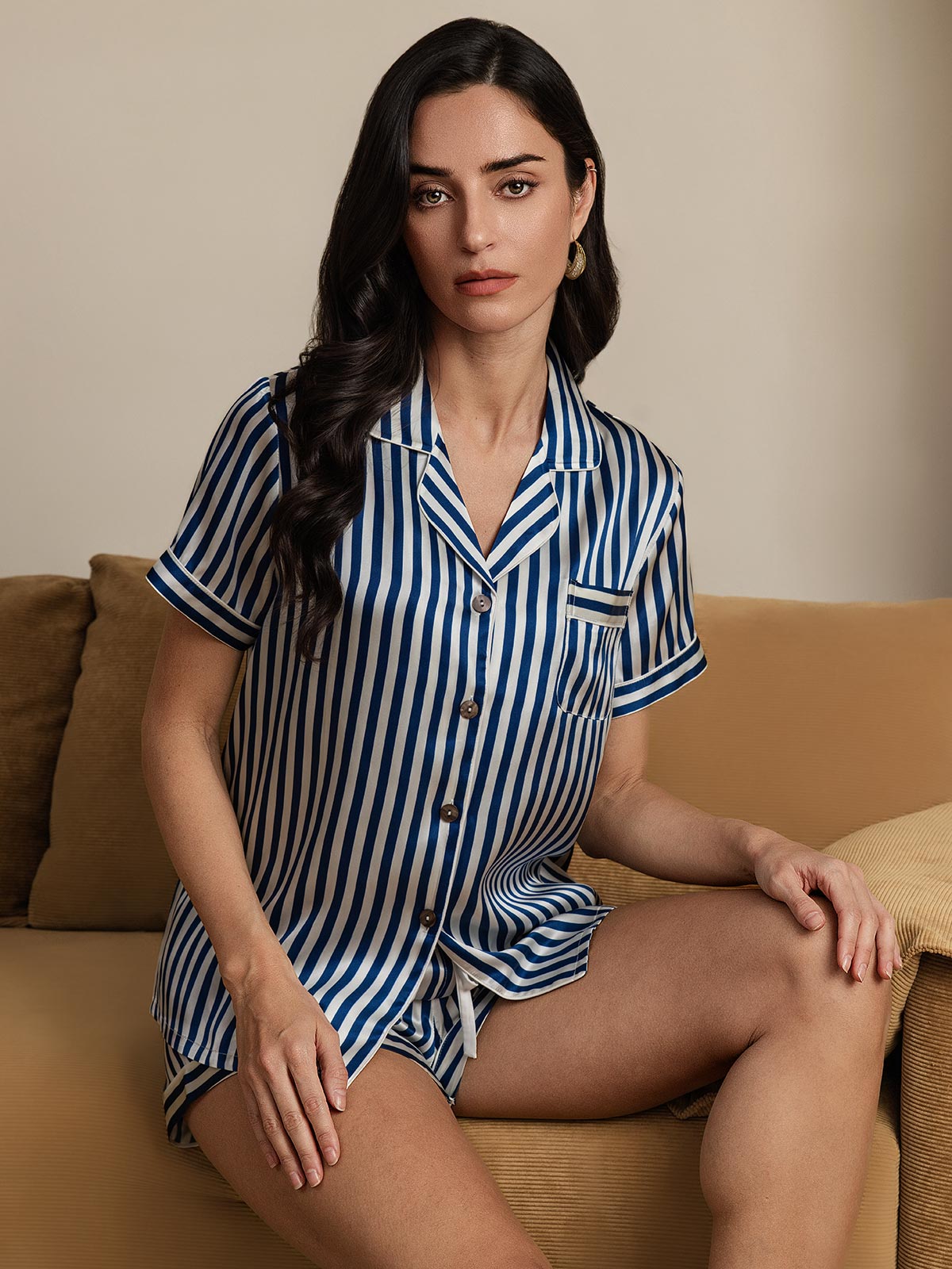 Femme Pyjamas Pure Soie Motif à Rayures Manches Courtes