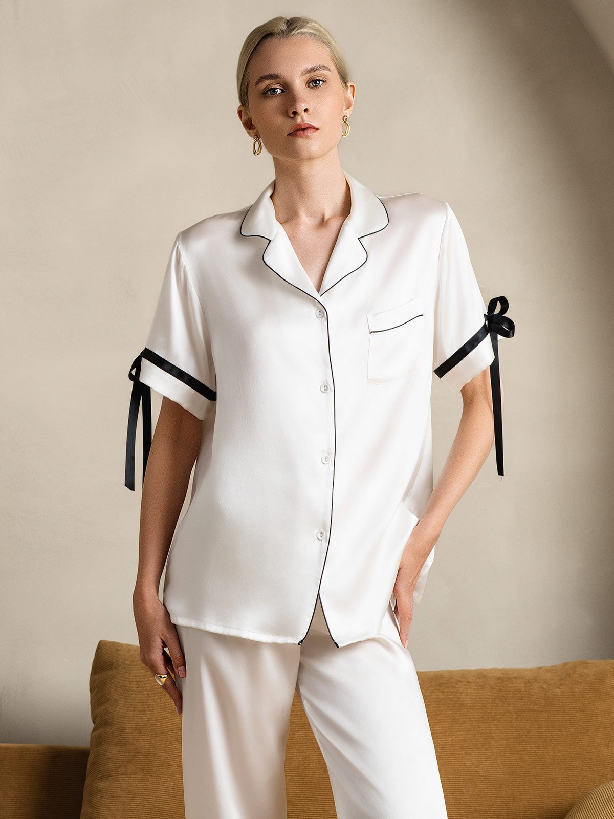 Pure Soie Courtes Manches Pantalon Pyjama Set