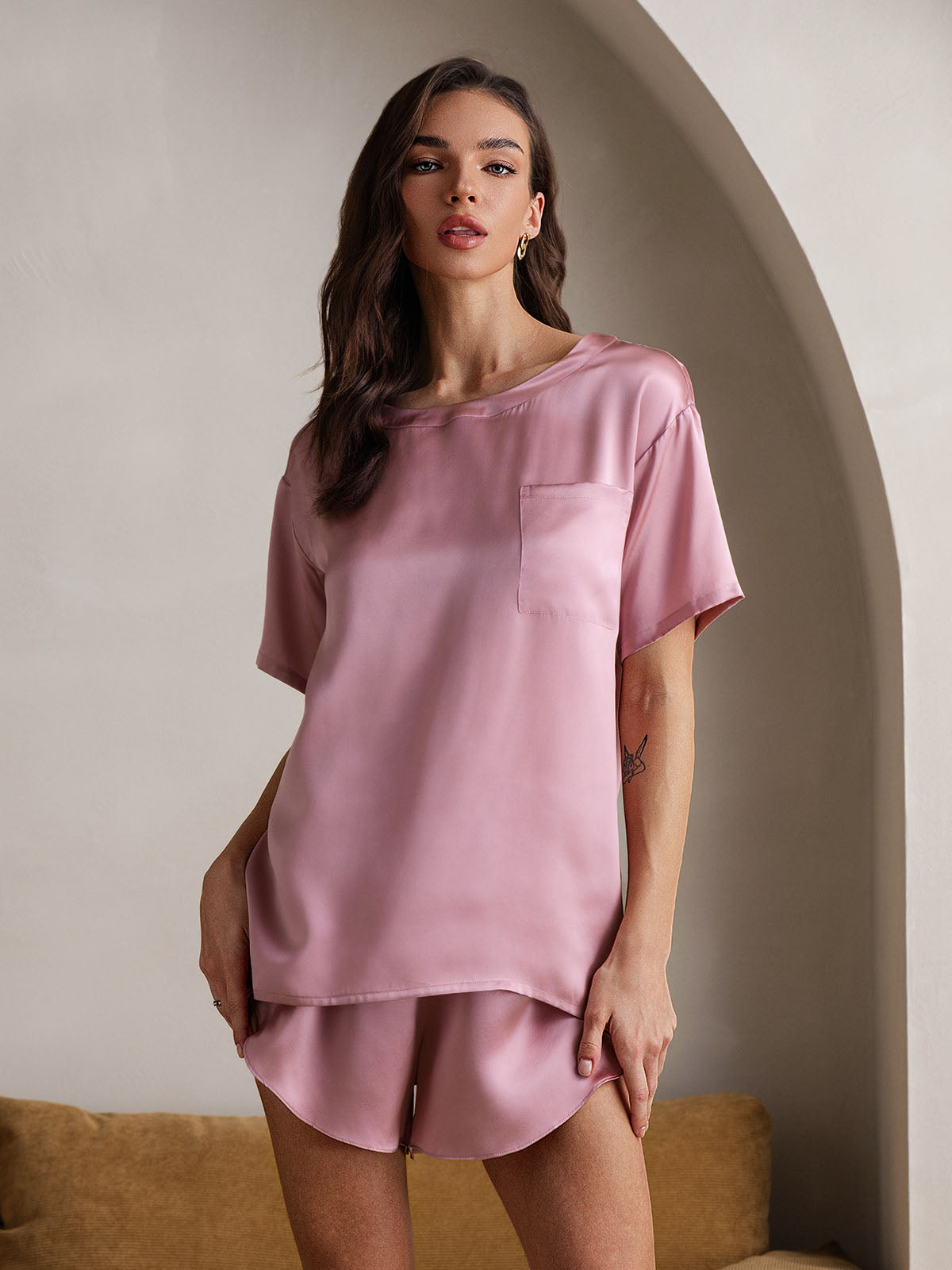 Ensemble Pyjama Court En Soie Oversize Pour Femmes