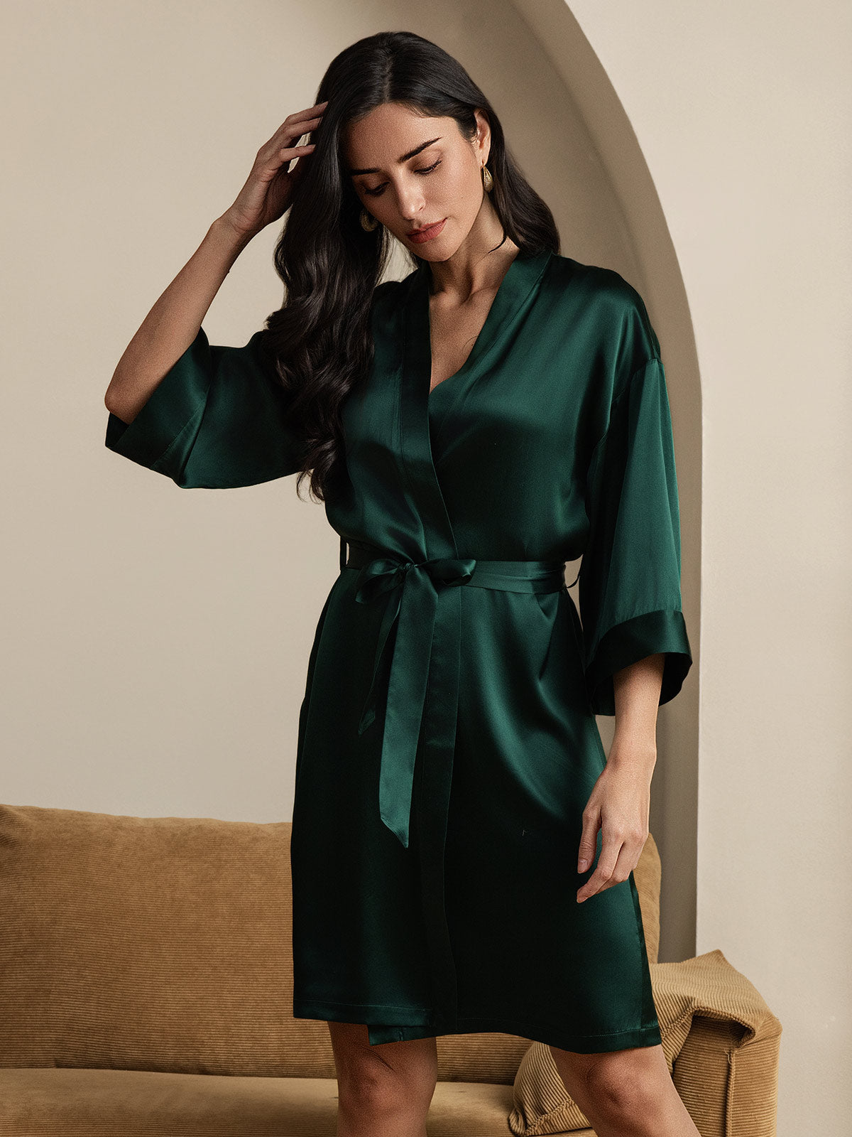 Kimono Peignoir Portefeuille Ceinturée en Pure Soie pour Femme