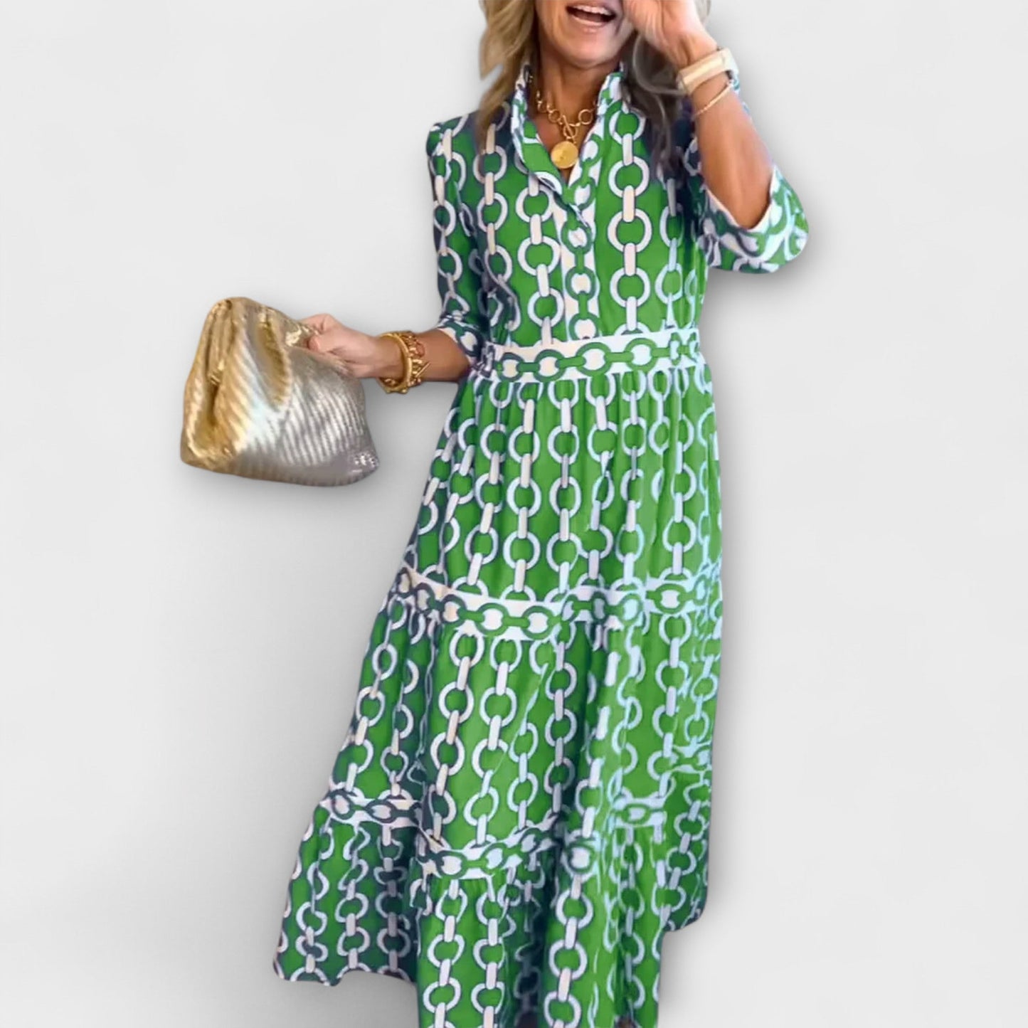 Tiffany™ – Polished Chain-Print Midi Shirt Dress