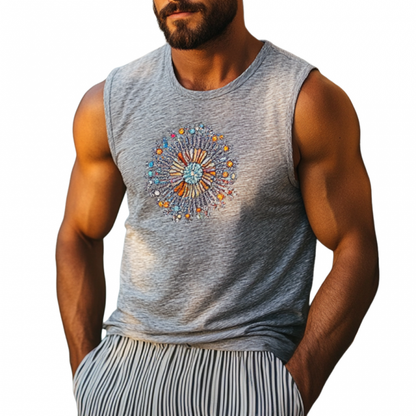 Heren Boheemse Geborduurde Ademende Bamboe Katoenen Tanktop met Ronde Hals en Slim Fit MTA2918E1M