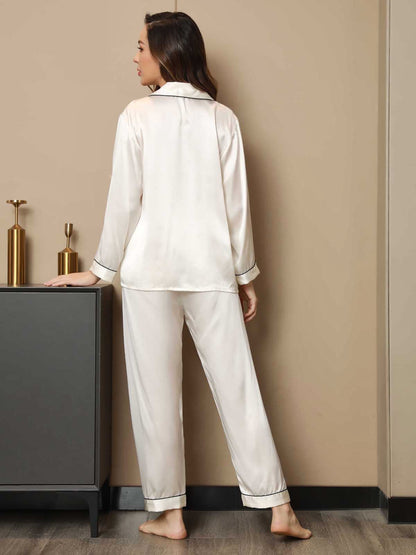 2-teiliges Damen-Pyjama-Set aus reiner Seide mit Paspelierung