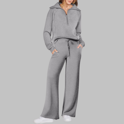 Fleur - Comfortabele halve ritssluiting sweatshirt en wijde broek set