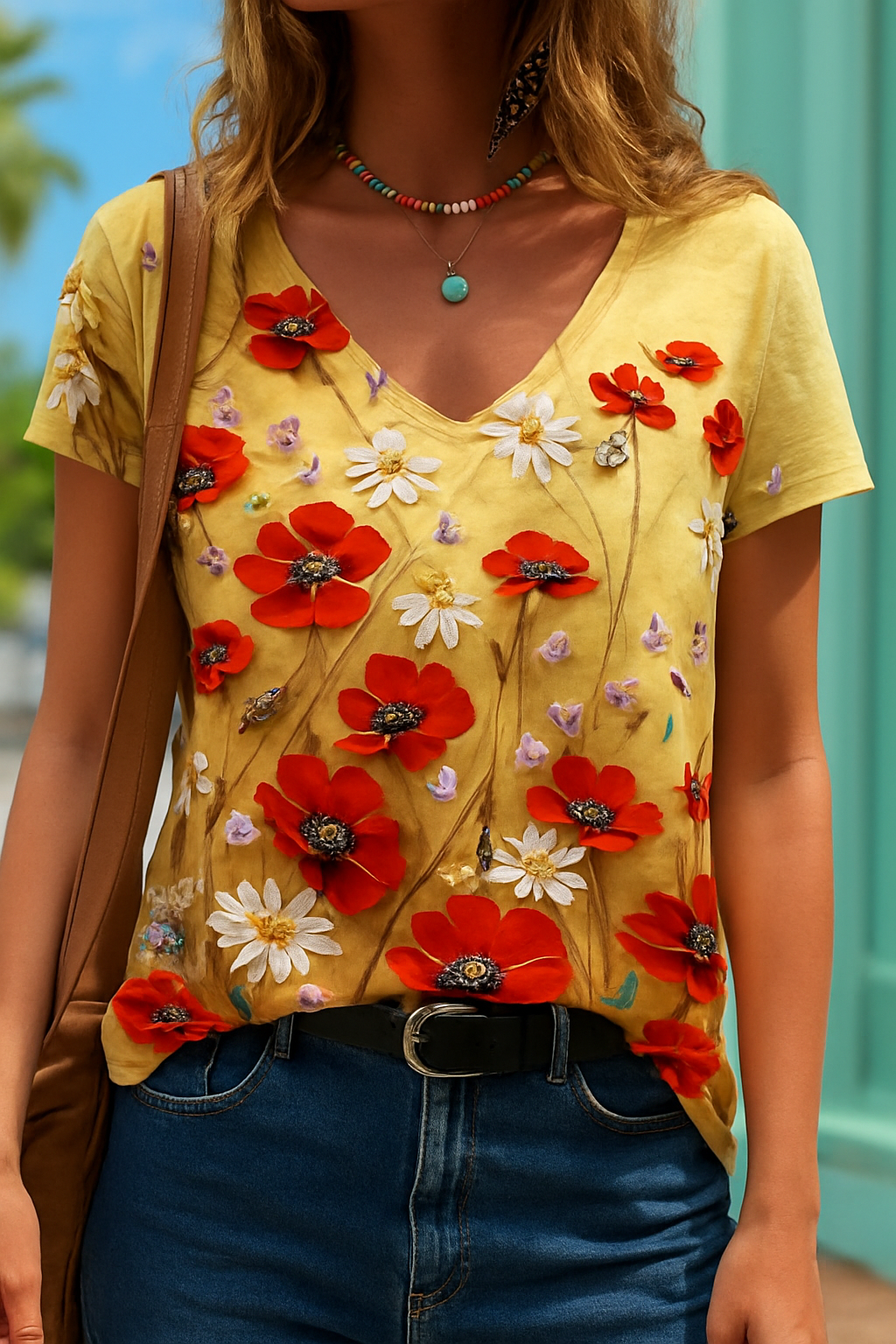 Barneys New York | Florale Kunstreproduktion V-Ausschnitt T-Shirt
