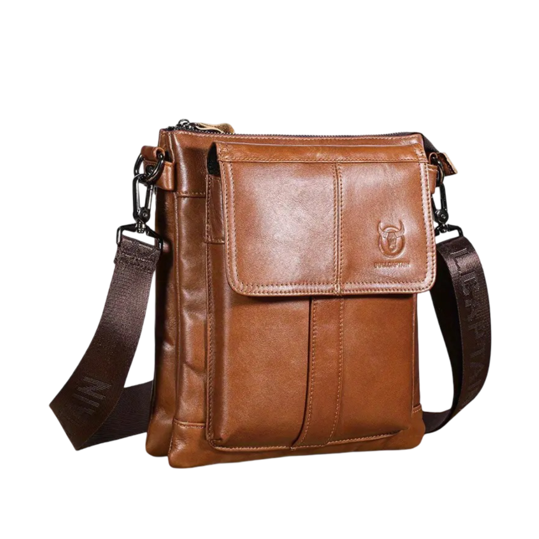 Nathan – Slim leren schoudertas met flapzakken-design