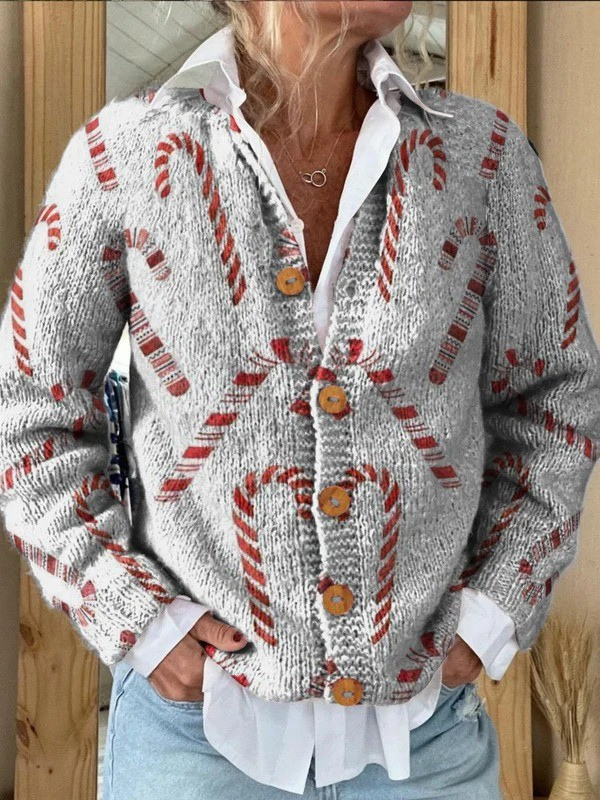 Cardigan met feestelijk zuurstokdecoratiepatroon en knoopsluiting