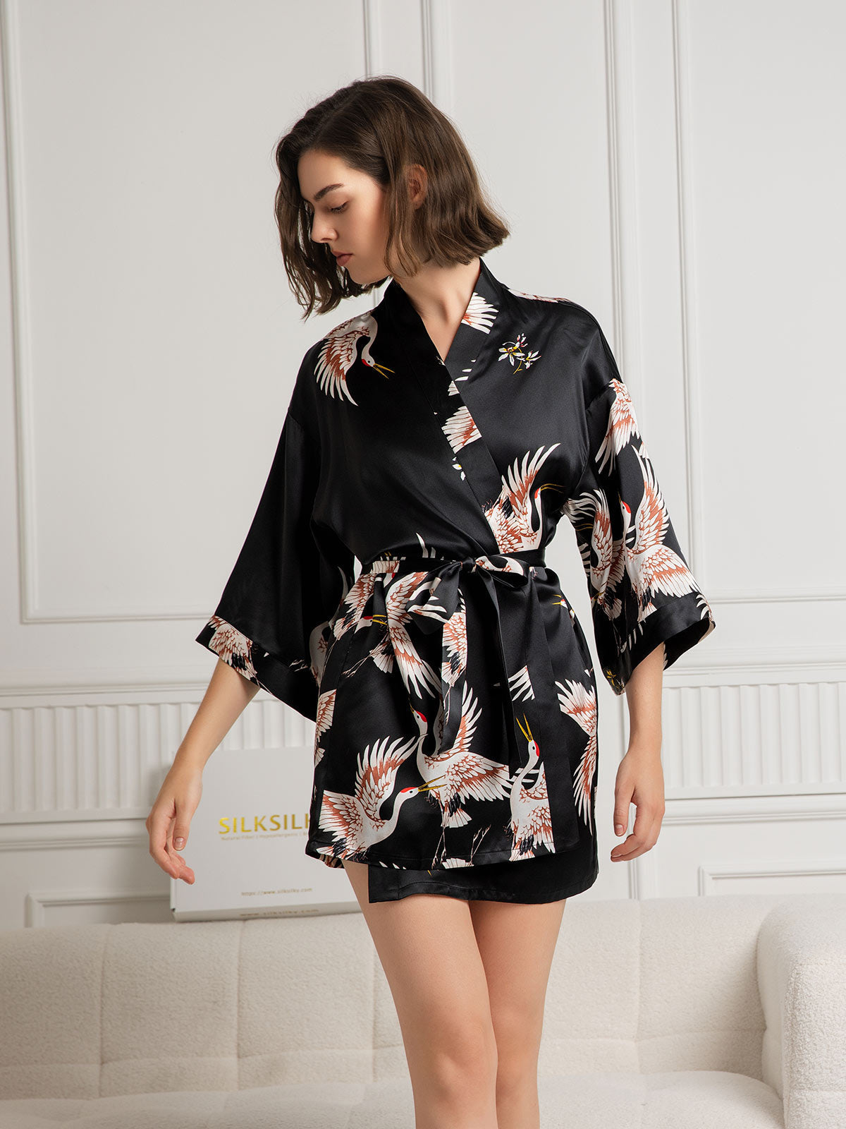 19 Momme Kimono Robe Kort van 100% Moerbeizijde met Kraanvogelprint voor Dames