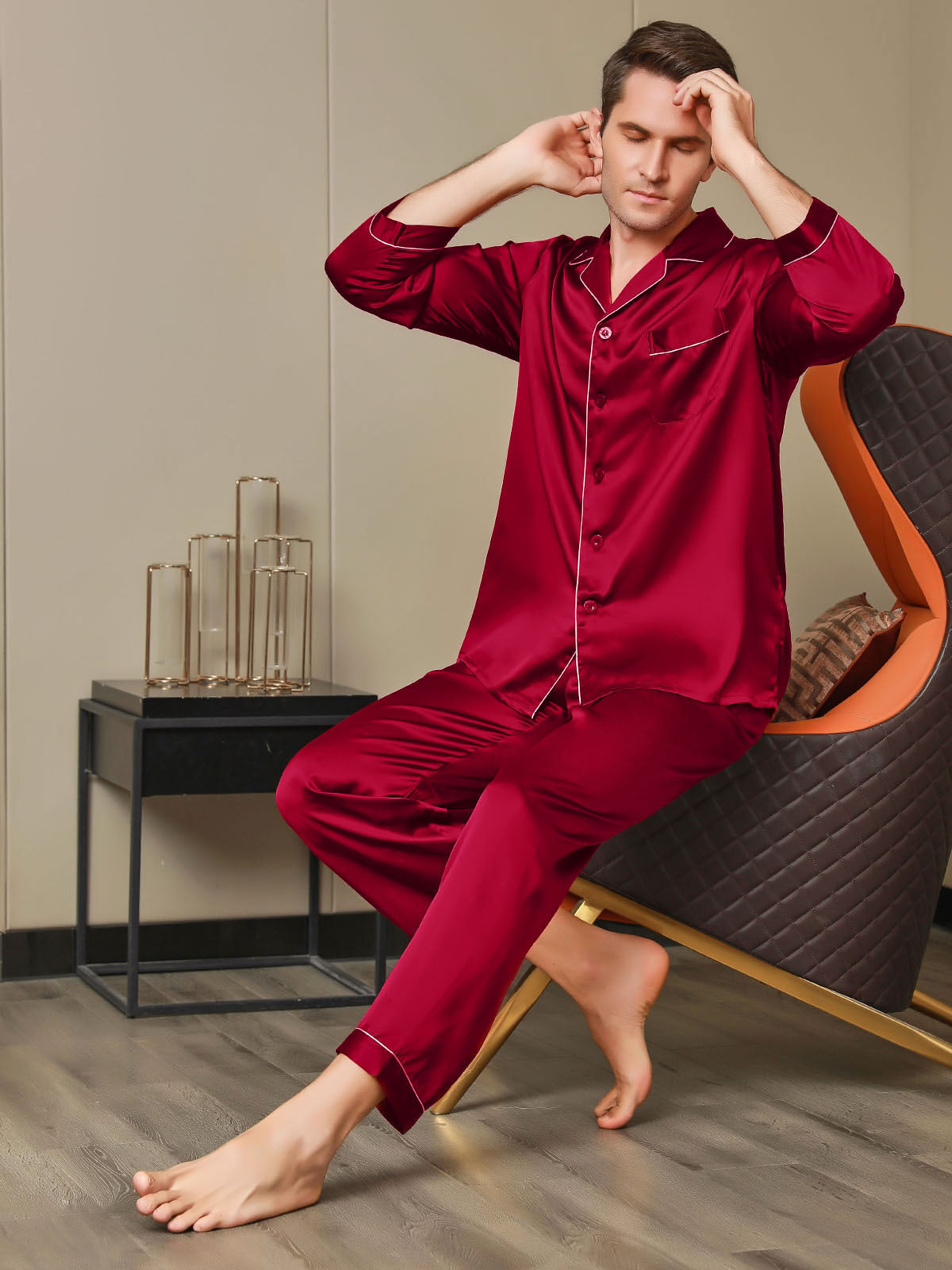Luxe zijden pyjamaset voor heren met revers, 2-delig