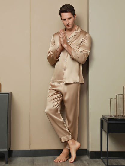Pyjama à Revers en Pure Soie pour Hommes 2Pcs