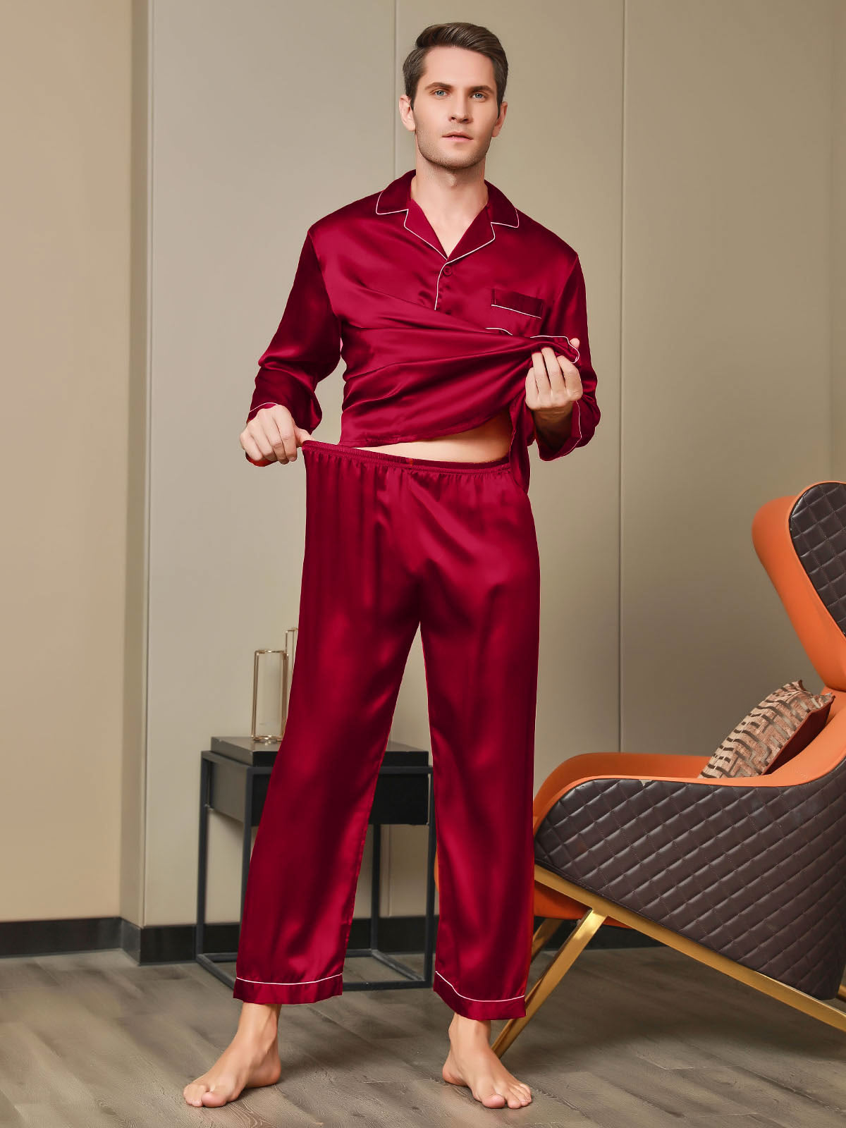 Luxe zijden pyjamaset voor heren met revers, 2-delig