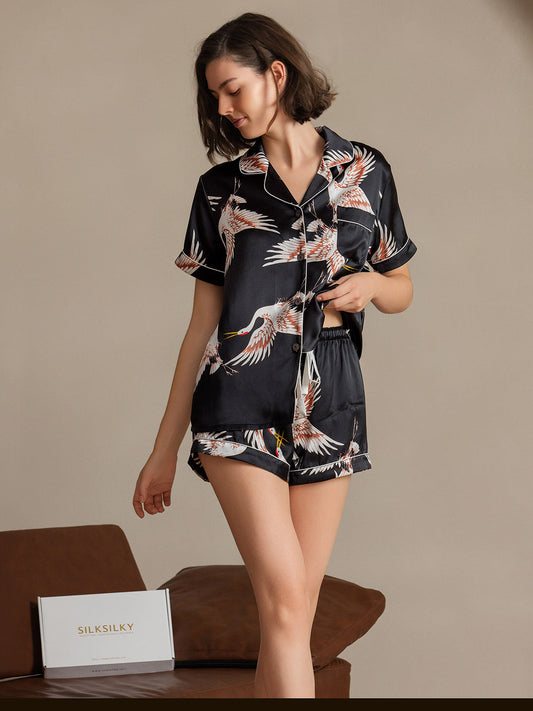 19MommeEnsemble Pyjama Court à Manches Courtes en Soie avec Imprimé Crane pour Femme