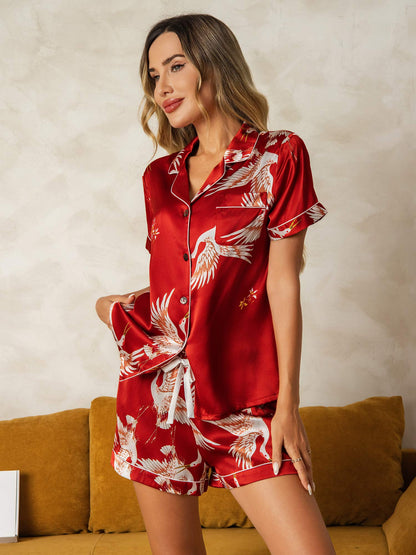 19Momme Pyjama Court à Manches Courtes en Soie 100% Murier Imprimé Grue pour Femme