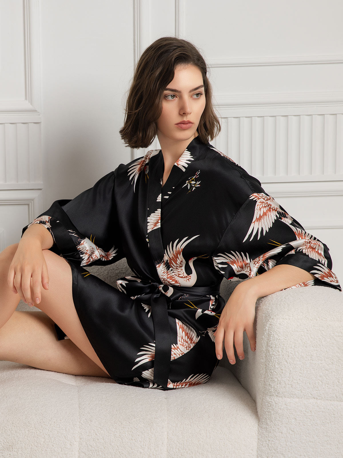 19Momme Kimono Robe Courte Femme en Soie Pure Imprimée à Manches 3/4