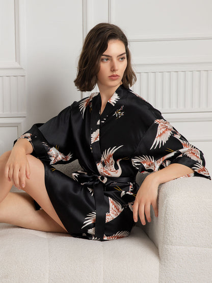 19Momme Kimono Robe Courte Femme en Soie Pure Imprimée à Manches 3/4