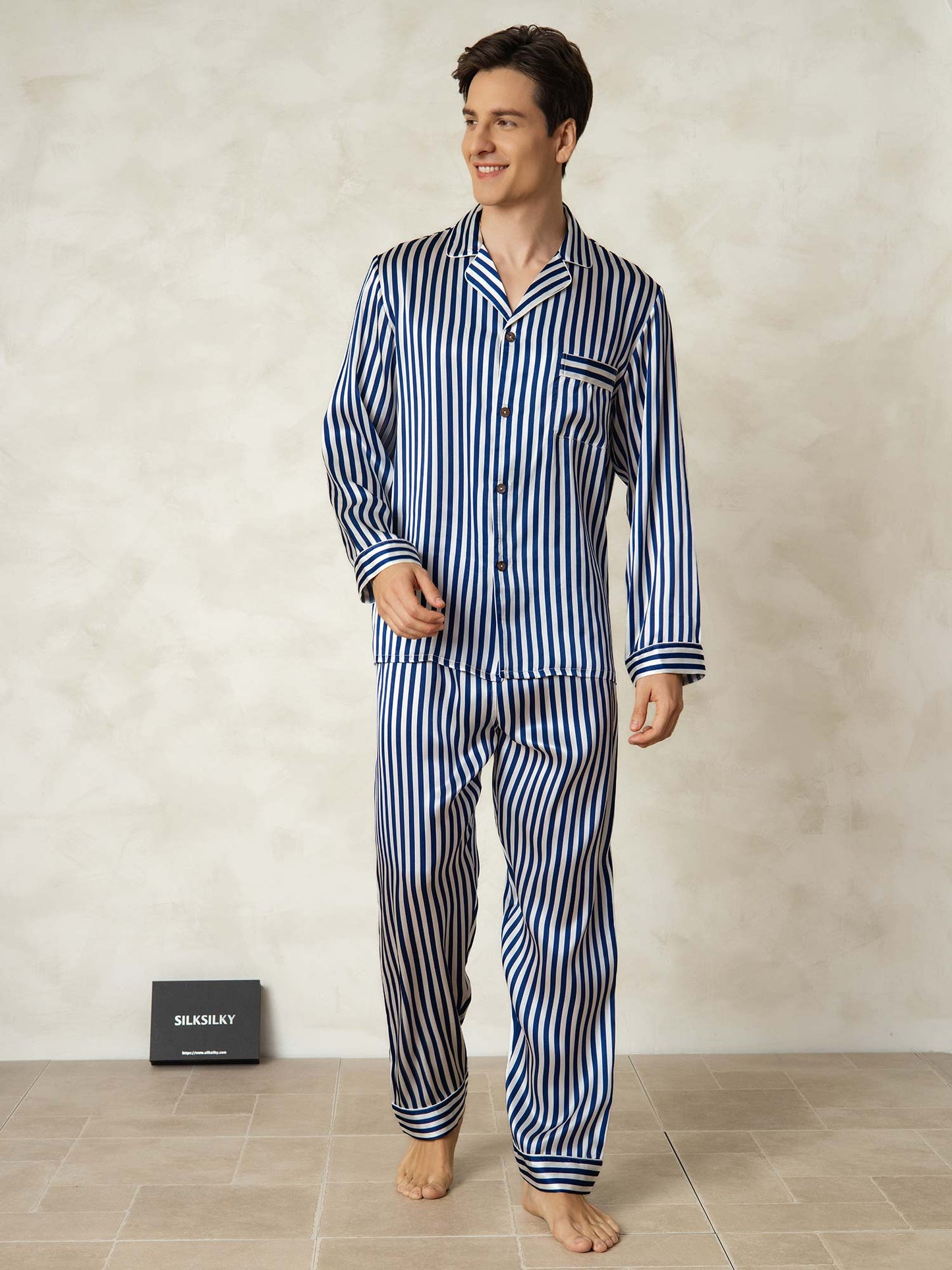 Ensemble Pyjama à Manches Longues à Revers pour Homme en Soie