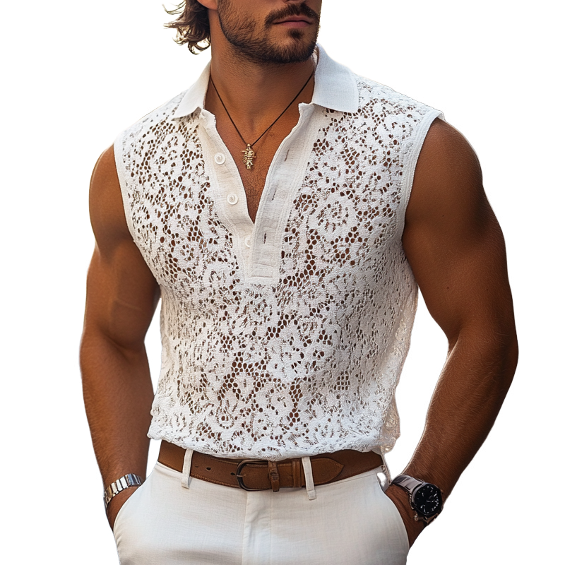 Herenmode Kanten Revers Mouwloze Casual Tanktop MTA1217E3Z