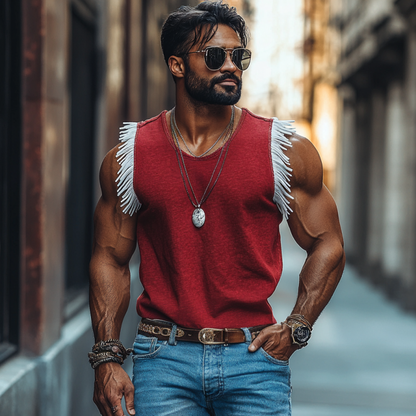 Heren Casual Ademende Katoenen Ronde Hals Contrastkleur Kwastje Losse Tanktop MTA21114E8M