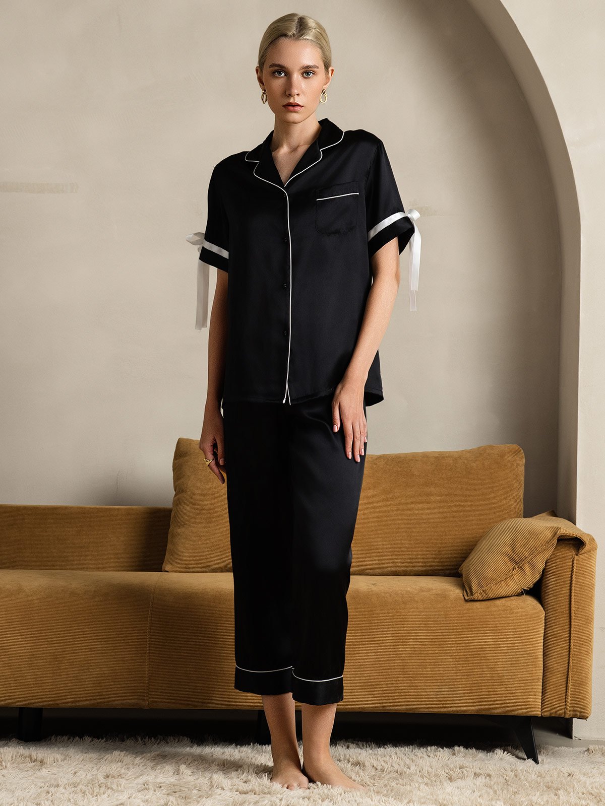 Pure Soie Courtes Manches Pantalon Pyjama Set
