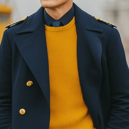 Herren Klassischer Retro Revers Marineblauer Woll Doppelreihiger Mantel mit Schulterklappen in Knielänge